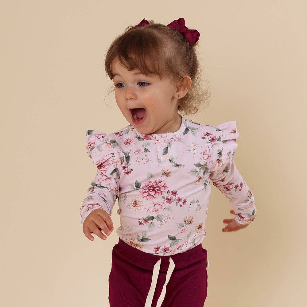Snuggle Hunny - Birds & Blooms Long Sleeve Organic Bodysuit with Frill