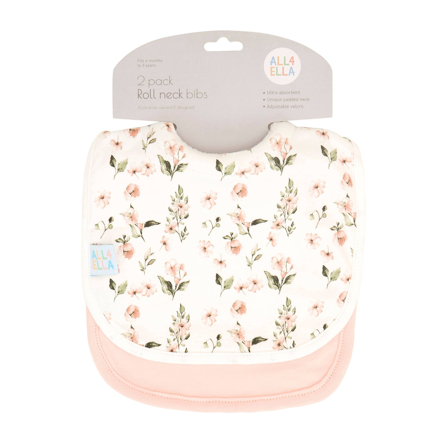 All4Ella - Roll Neck Bib 2pk - Pink Flower