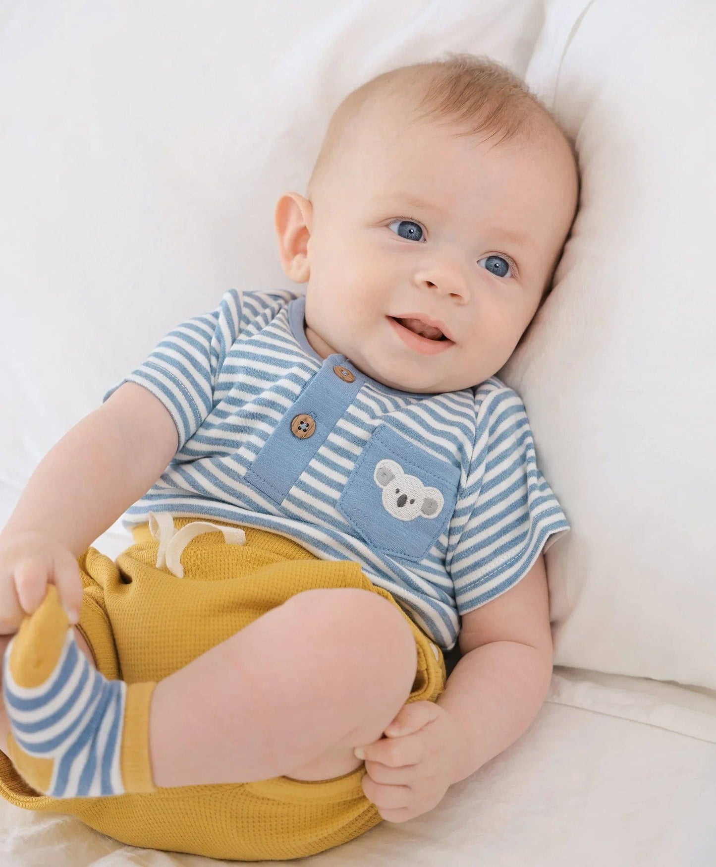 Lūmmi in Colour Babywear - Organic Cotton Short Sleeve Bodysuit - Koala & Blue Stripes