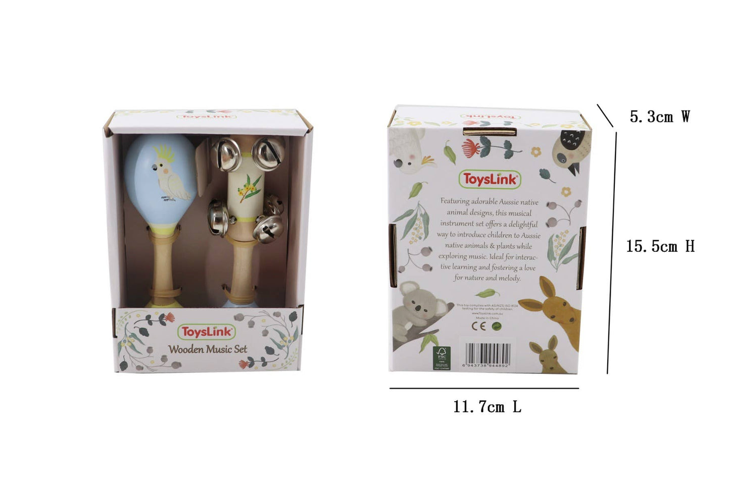 ToysLink - Wooden Cockatoo Maraca & Wattle Jingle Stick Musical Set