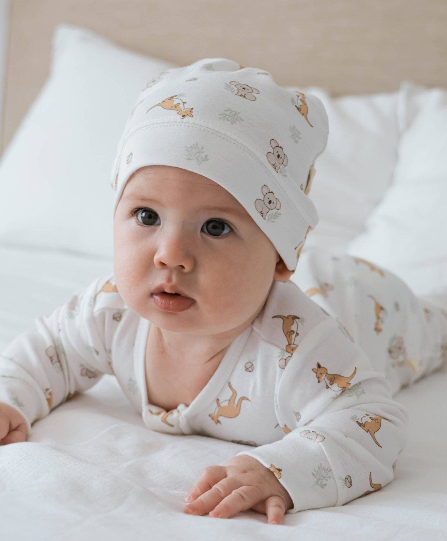 Lūmmi in Colour Babywear - Organic Cotton Baby Beanie - Kangaroo & Koala