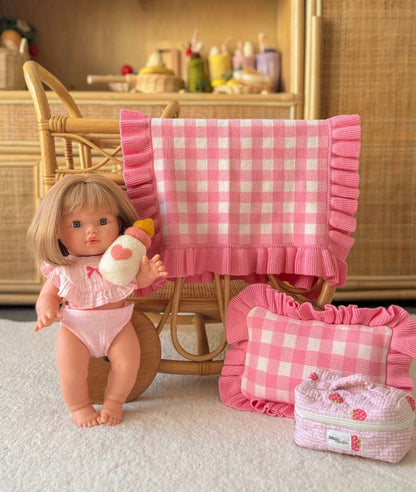 SALLI COLLECTIVE - Frilled tulip Pink Gingham doll Blanket + Pillow set