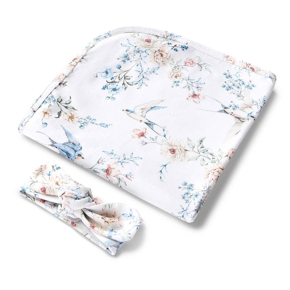 Snuggle Hunny - Sweet Swallows Organic Jersey Wrap & Topknot Set