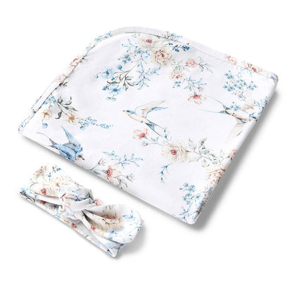 Snuggle Hunny - Sweet Swallows Organic Jersey Wrap & Topknot Set