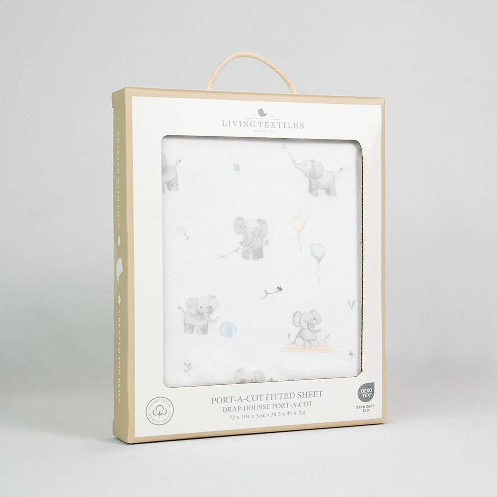 Living Textiles - Organic Port-a-Cot Fitted Sheet - Elephant Playtime