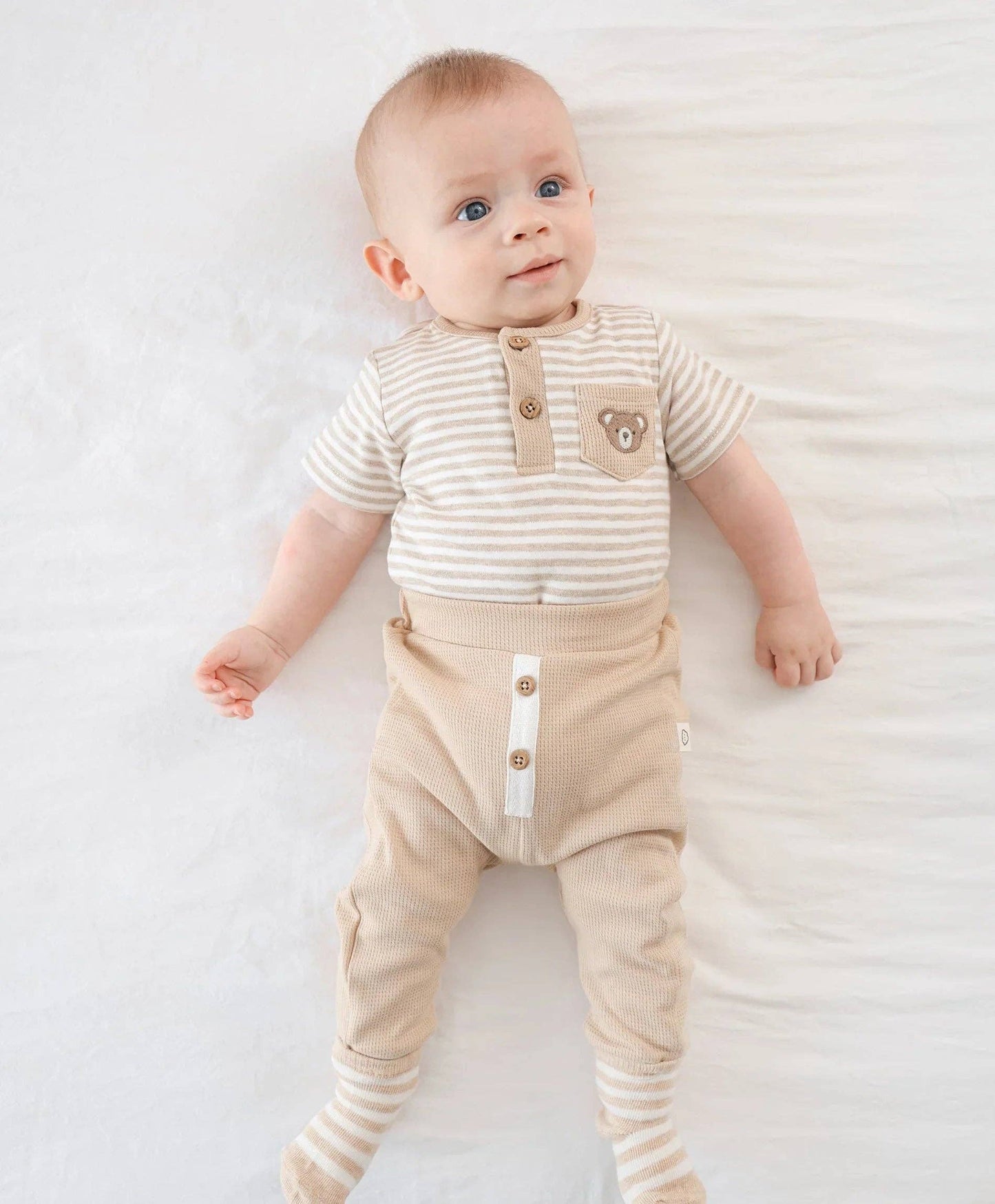 Lūmmi in Colour Babywear - Organic Cotton Waffle Button Pants - Oat