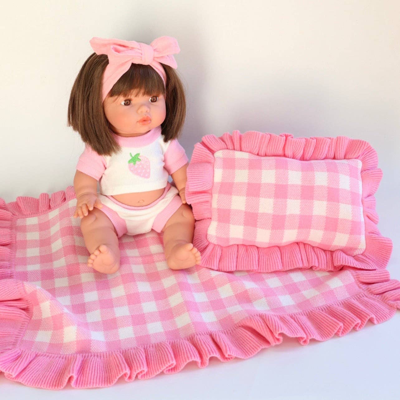 SALLI COLLECTIVE - Frilled tulip Pink Gingham doll Blanket + Pillow set