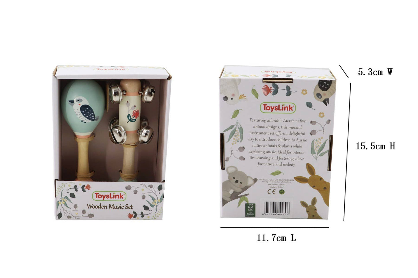 ToysLink - Wooden Kookaburra Maraca & Waratah Jingle Stick Musical Set