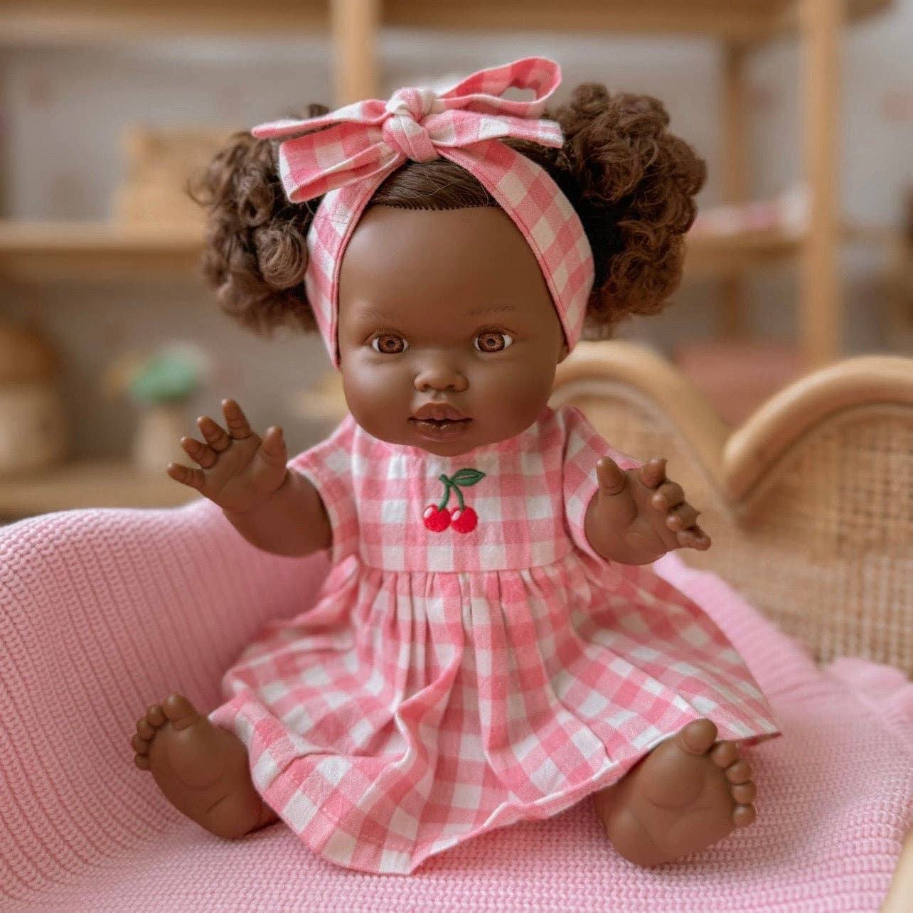 SALLI COLLECTIVE - Blush Cherry 🍒 Gingham Chloe Gingham dress - Fits 34-38cm Minikane Gordis, Mini Colettos, Llorens dolls