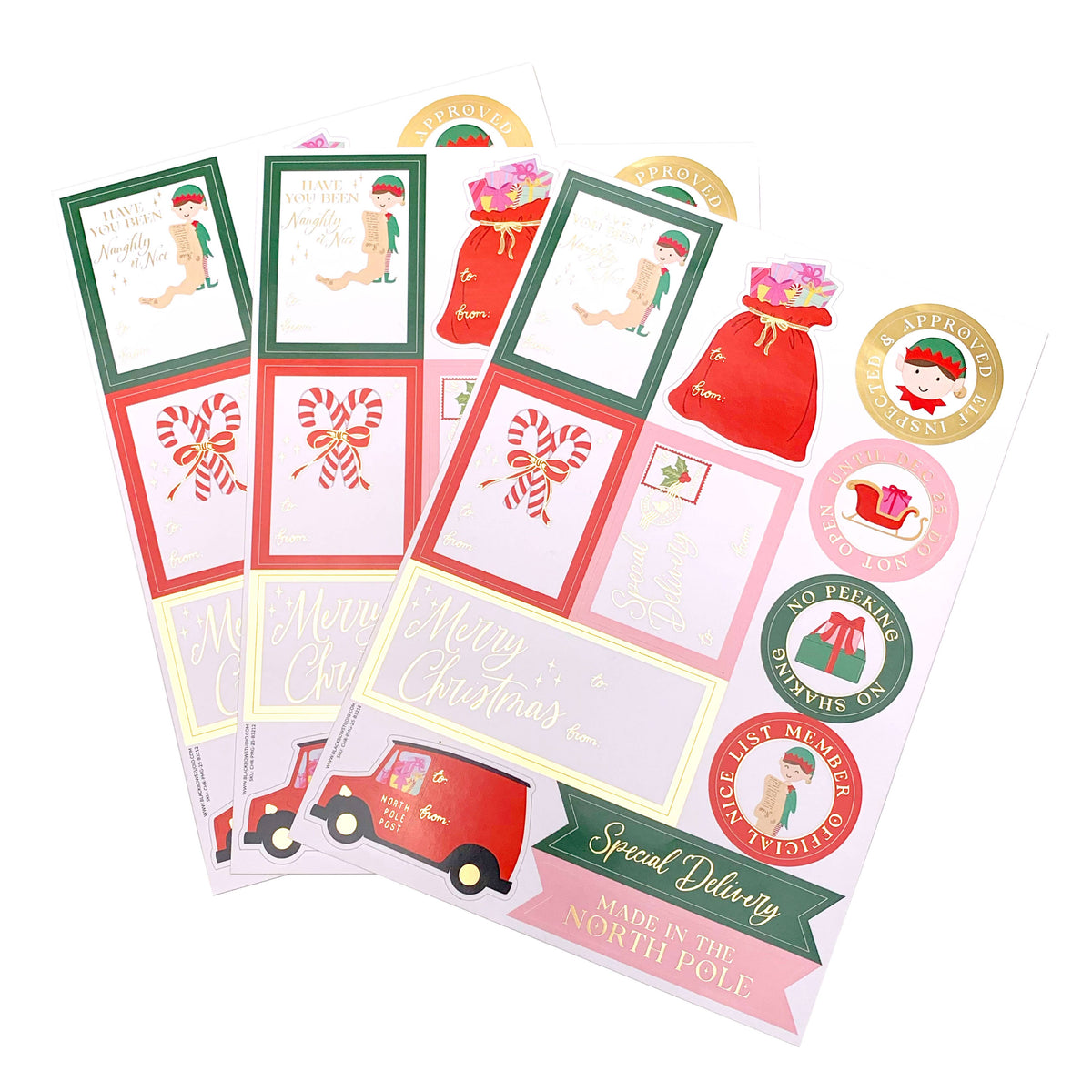 Black Bow Studio - Christmas Gift Tag Sticker Sheets - Set of 36 Sticker