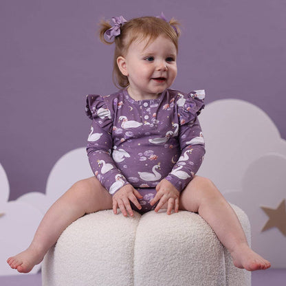 Snuggle Hunny - Midnight Swan Long Sleeve Organic Bodysuit with Frill