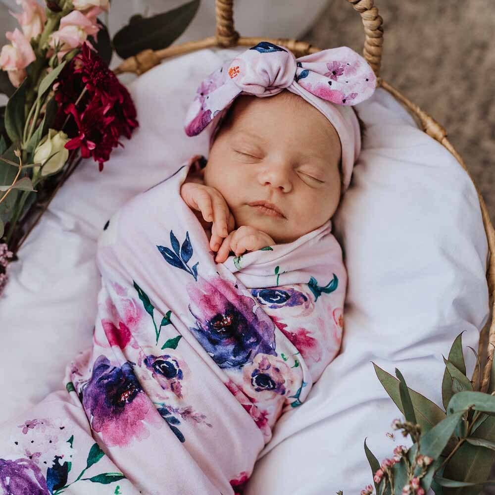 Snuggle Hunny - Floral Kiss Baby Jersey Wrap & Topknot Set