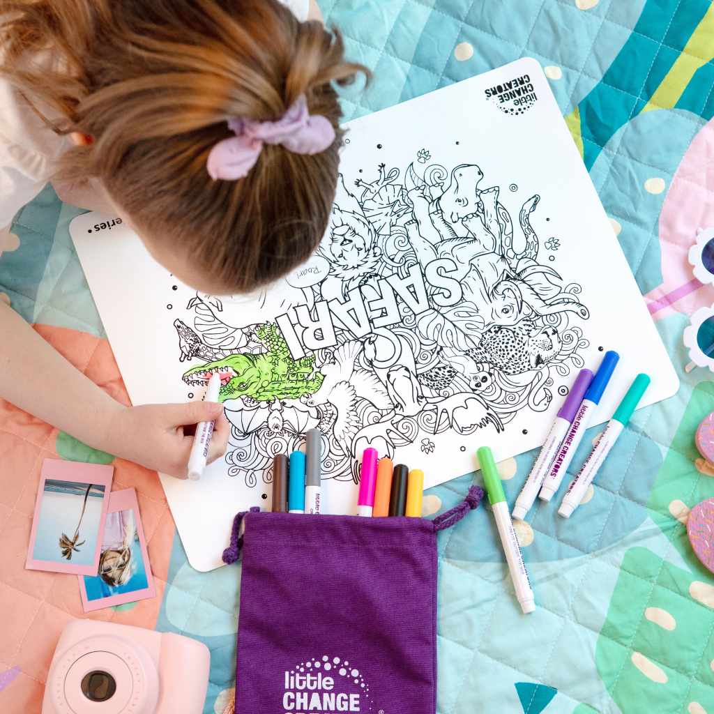 Little Change Creators - SAFARI | Washable Animal Colouring Activity Mat