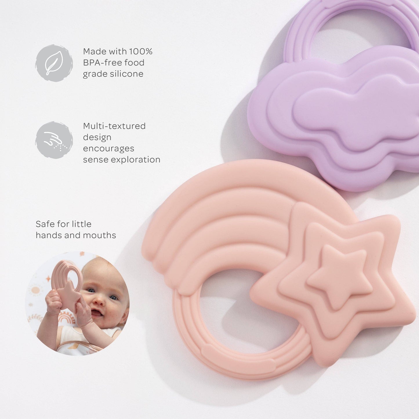 Living Textiles - 2pk Silicone Teether - Stars & Cloud Pink