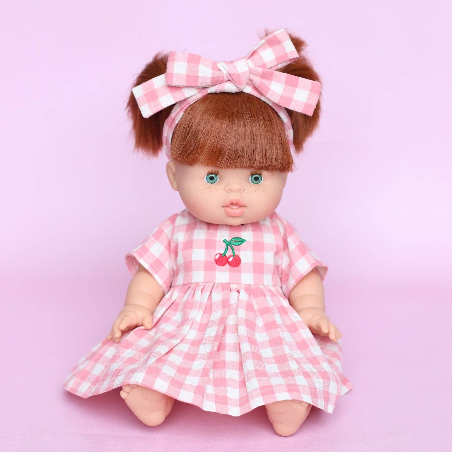 SALLI COLLECTIVE - Blush Cherry 🍒 Gingham Chloe Gingham dress - Fits 34-38cm Minikane Gordis, Mini Colettos, Llorens dolls