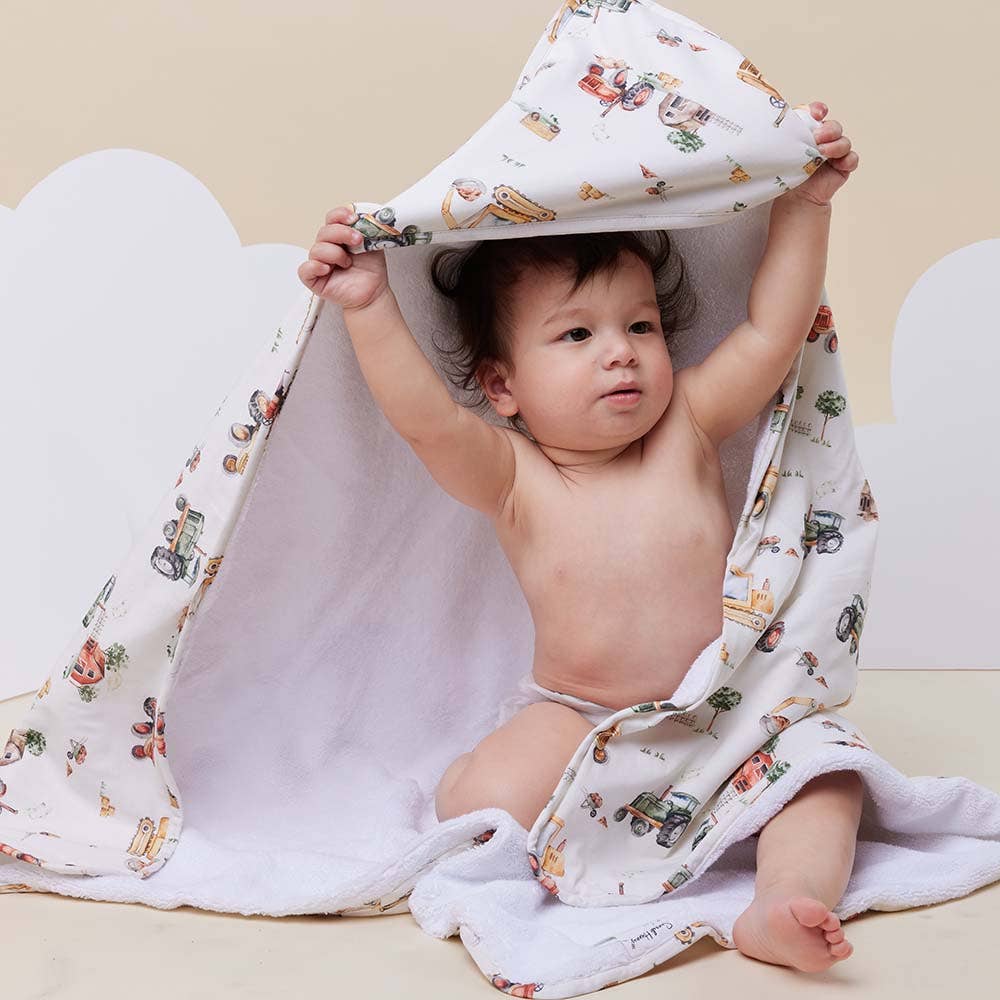 Snuggle Hunny - Diggers & Tractors Organic Hooded Baby Towel