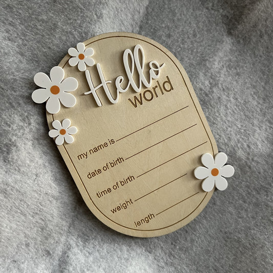 Hello World Baby Announcement Disc - Daisy Oval