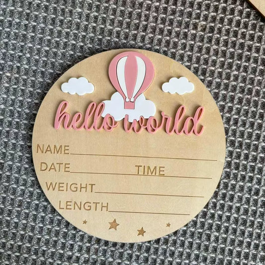Hello World Baby Announcement Disc - Hot Air Balloon Pink