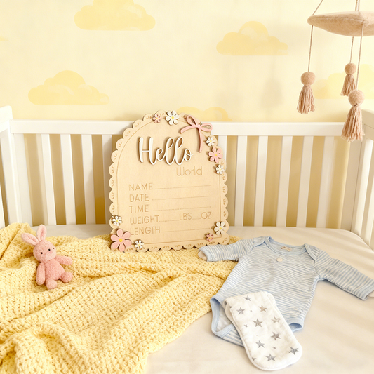 Hello World Baby Announcement Disc - Pink Floral Arch