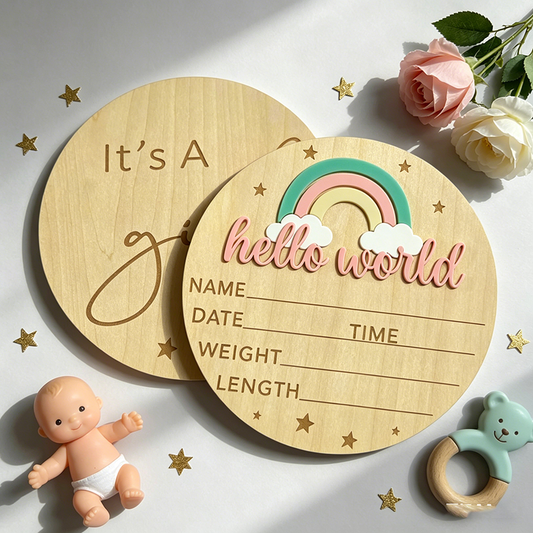 Hello World Baby Announcement Disc - Pastel Rainbow Round