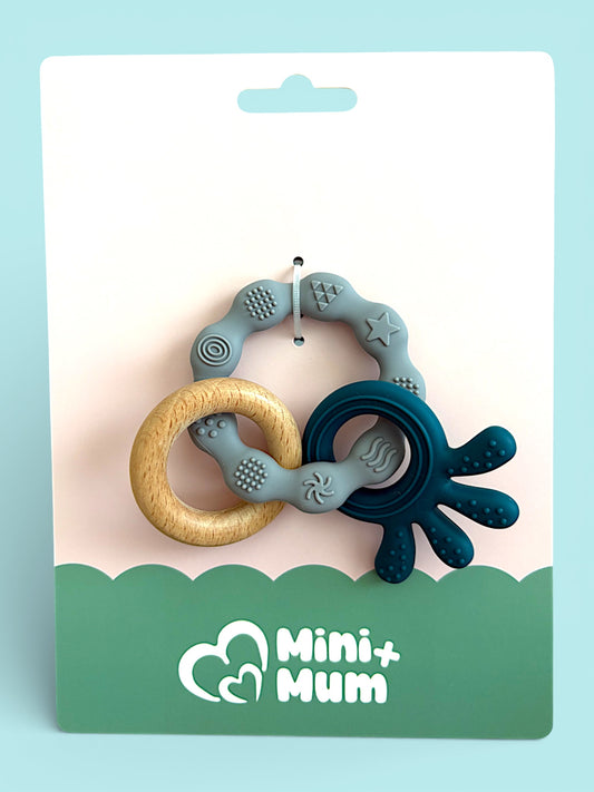 Three Piece Silicone and Wood Teething Ring
