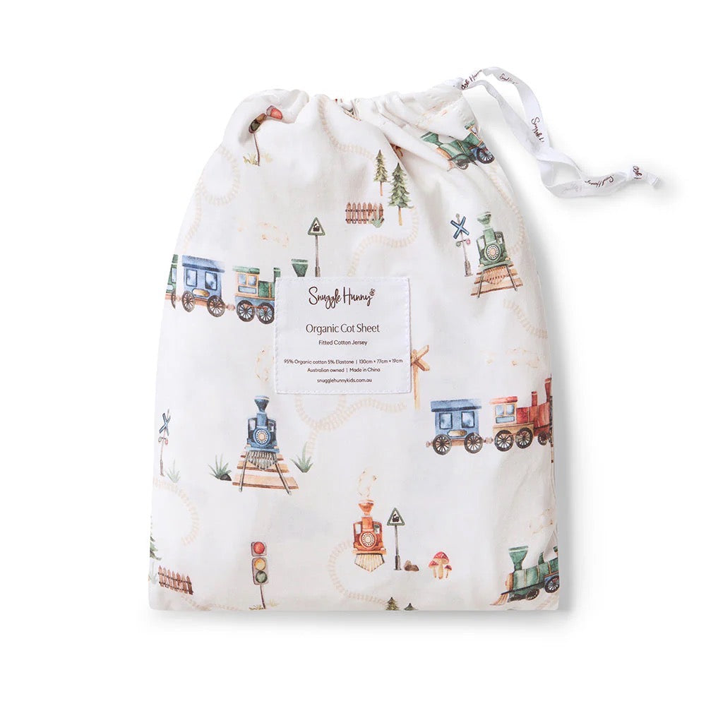 Trains Organic Fitted Cot Sheet
