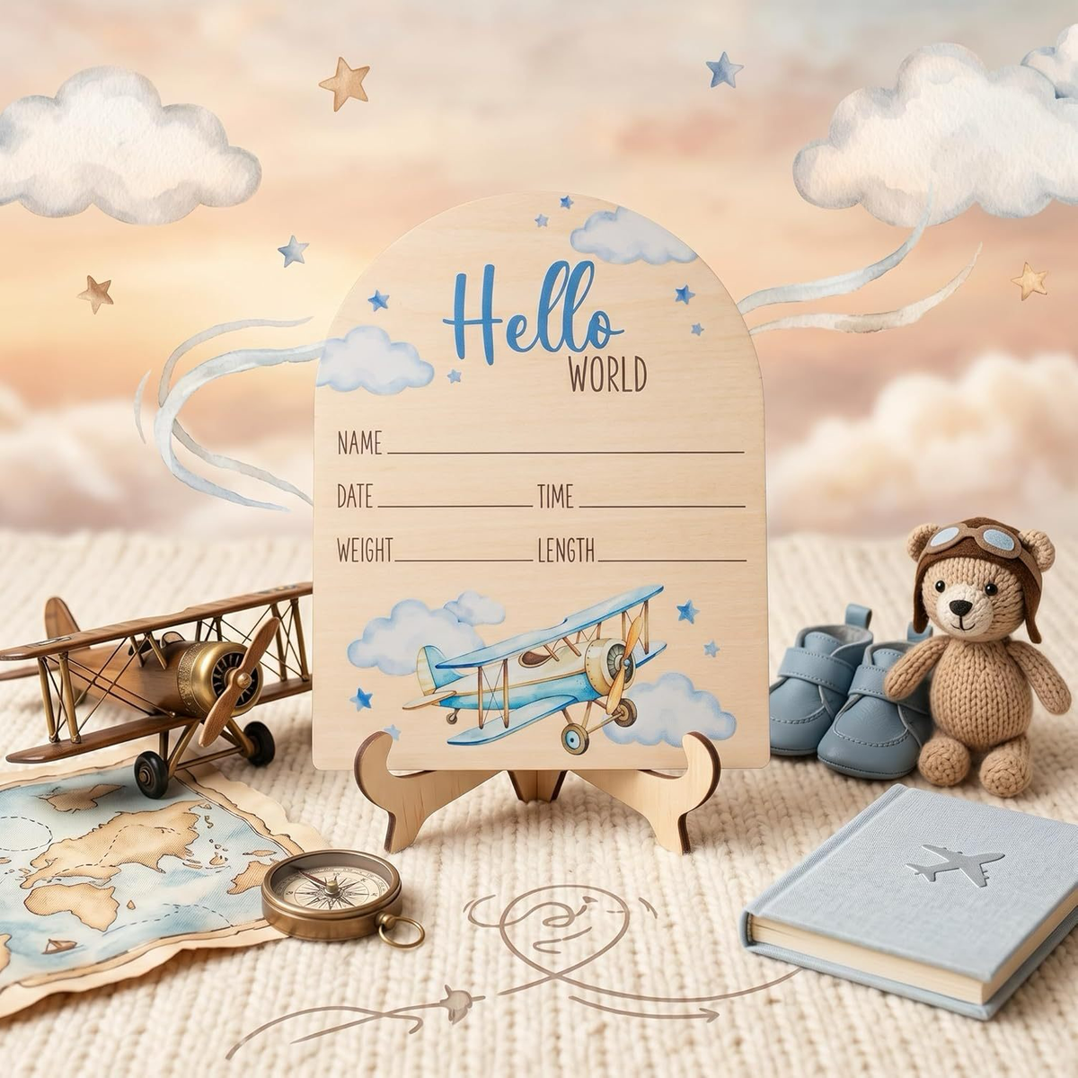 Hello World Baby Announcement Disc - Blue Aeroplanes