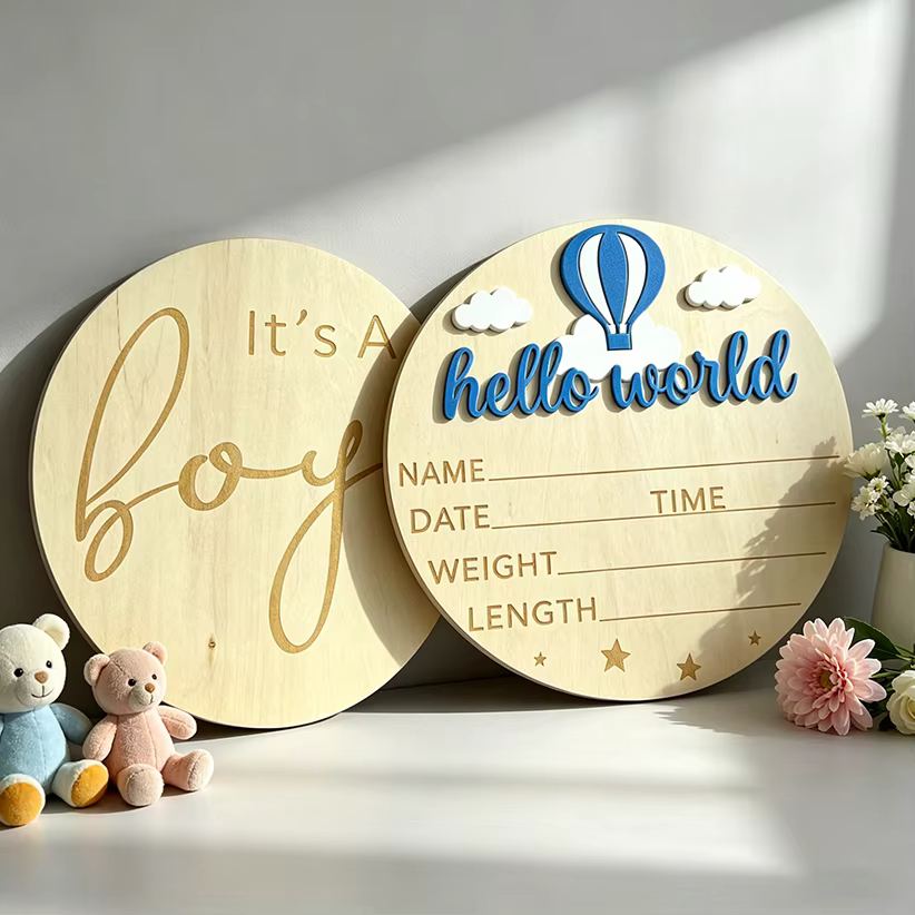 Hello World Baby Announcement Disc - Hot Air Balloon Blue