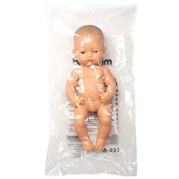 Miniland 32cm Asian girl doll shown in polybag packaging