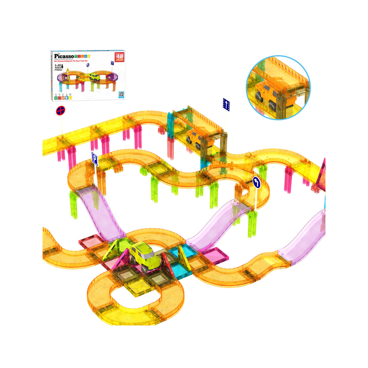 PicassoTiles 40pc Race Car Track Travel Set