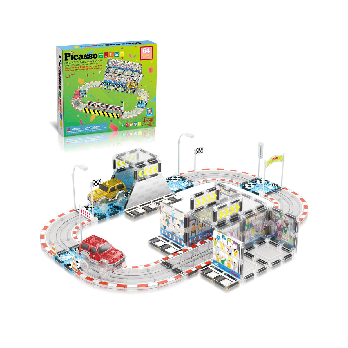 PicassoTiles Race Car Set - Magnetic Racetrack Stadium with Trucks