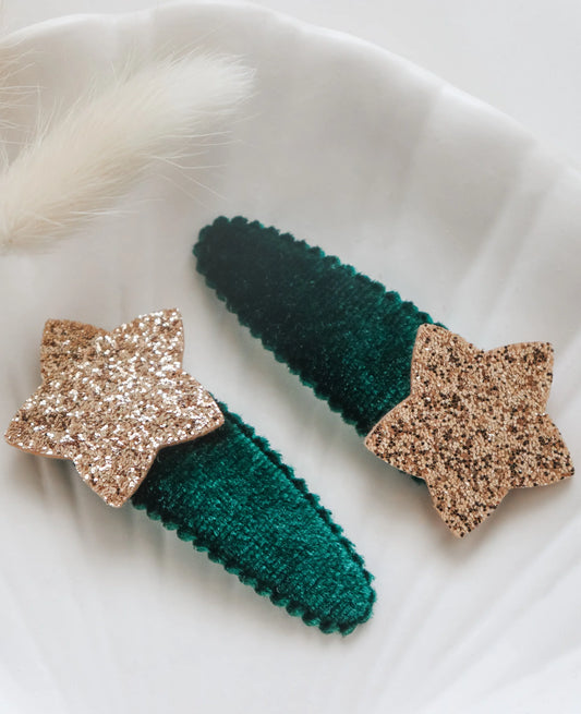 Confetti Kidz - Green Velvet Star Clips - Set of 2