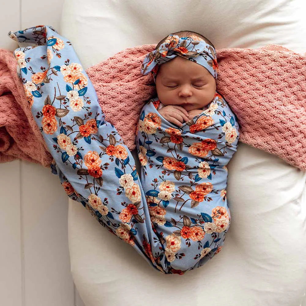 Snuggle Hunny - Vintage Blossom Organic Jersey Wrap & Topknot Set