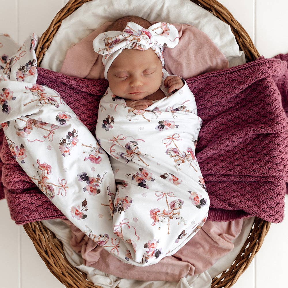 Snuggle Hunny - Carousel Organic Jersey Wrap & Topknot Set