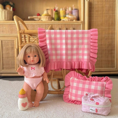 SALLI COLLECTIVE - Frilled tulip Pink Gingham doll Blanket + Pillow set
