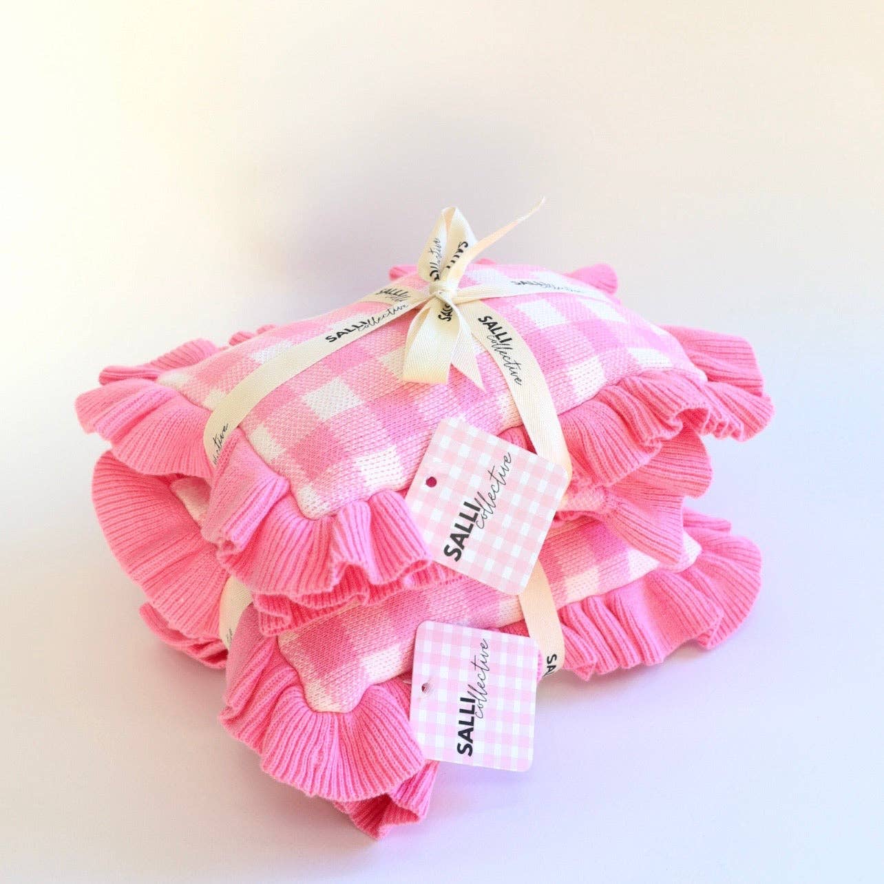 SALLI COLLECTIVE - Frilled tulip Pink Gingham doll Blanket + Pillow set