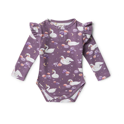 Snuggle Hunny - Midnight Swan Long Sleeve Organic Bodysuit with Frill