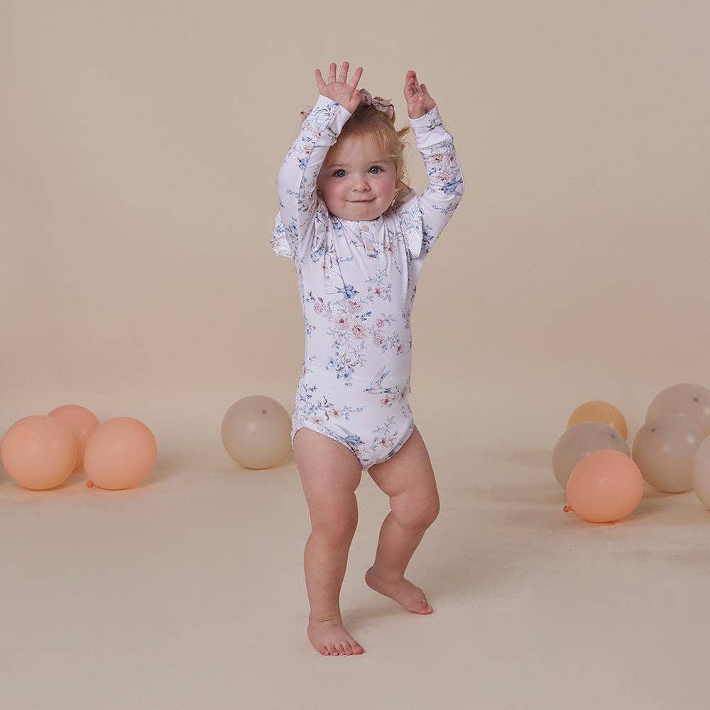 Snuggle Hunny - Sweet Swallows Long Sleeve Organic Bodysuit with Frill