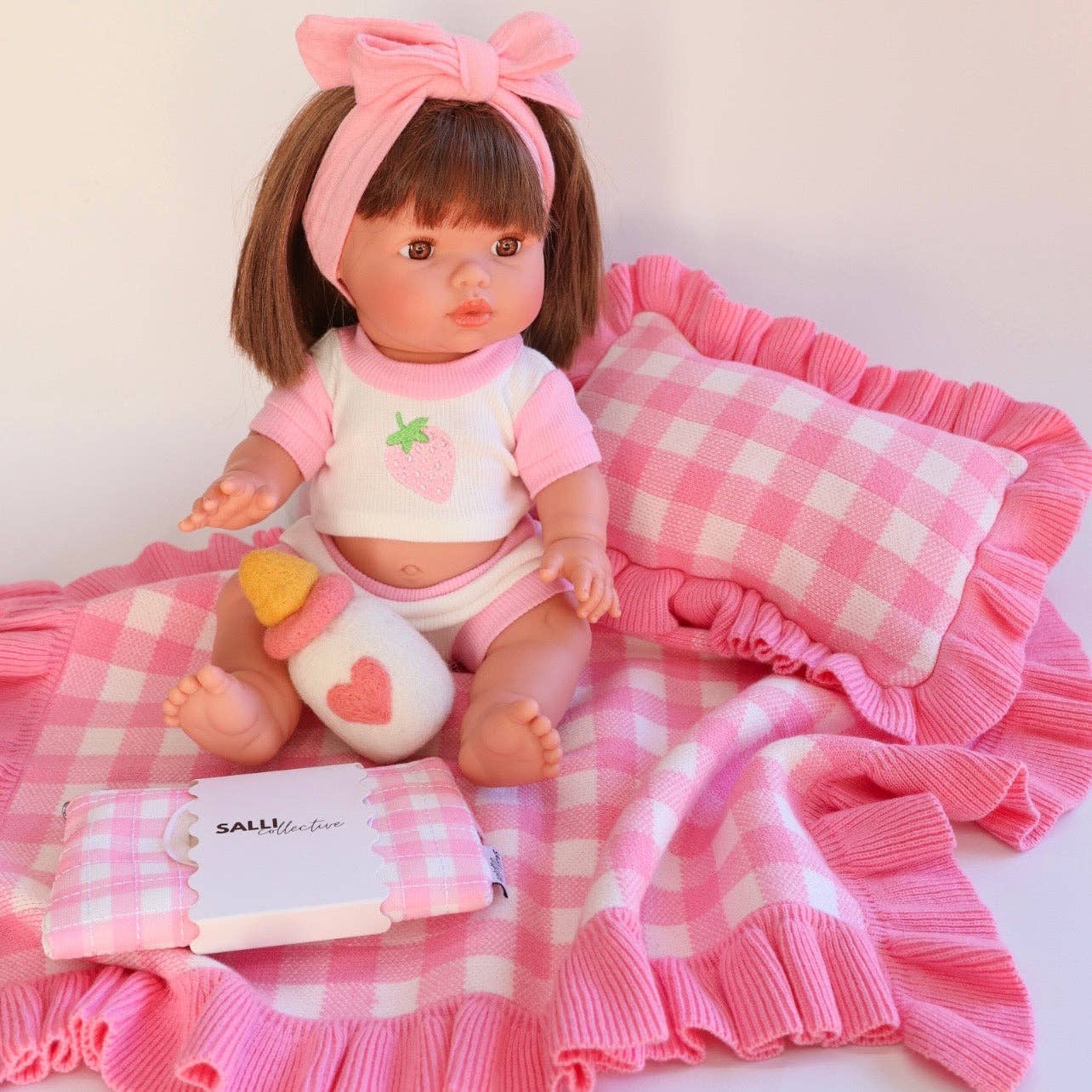 SALLI COLLECTIVE - Frilled tulip Pink Gingham doll Blanket + Pillow set