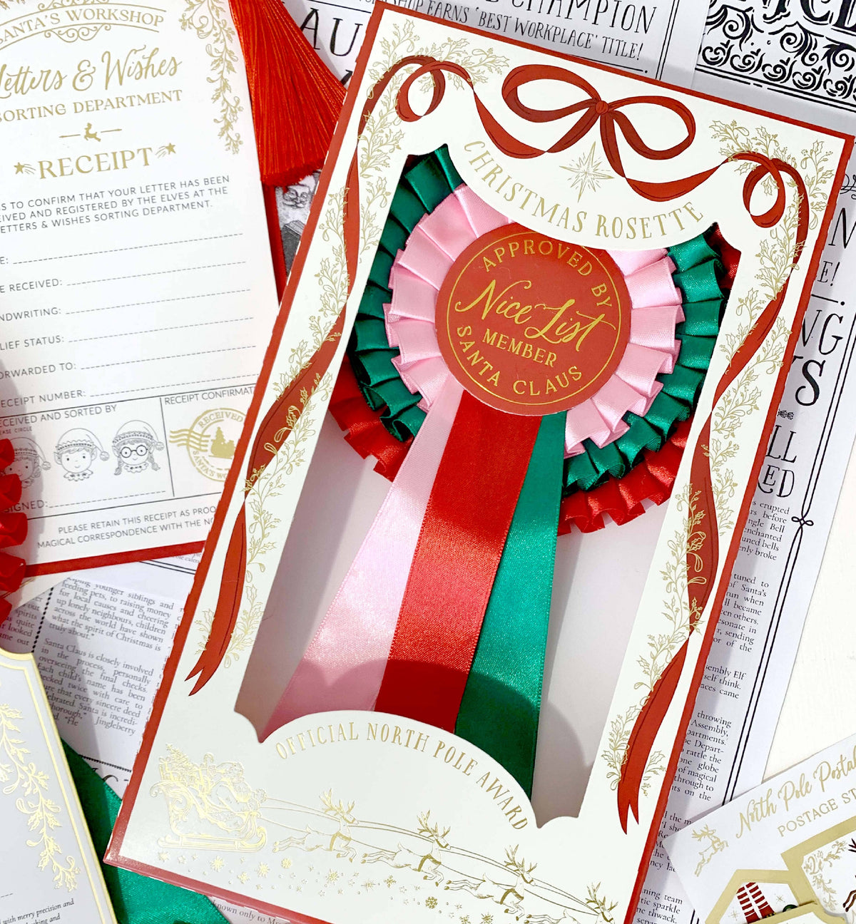 Black Bow Studio - Nice List Member Christmas Rosette Badge Pink/Red