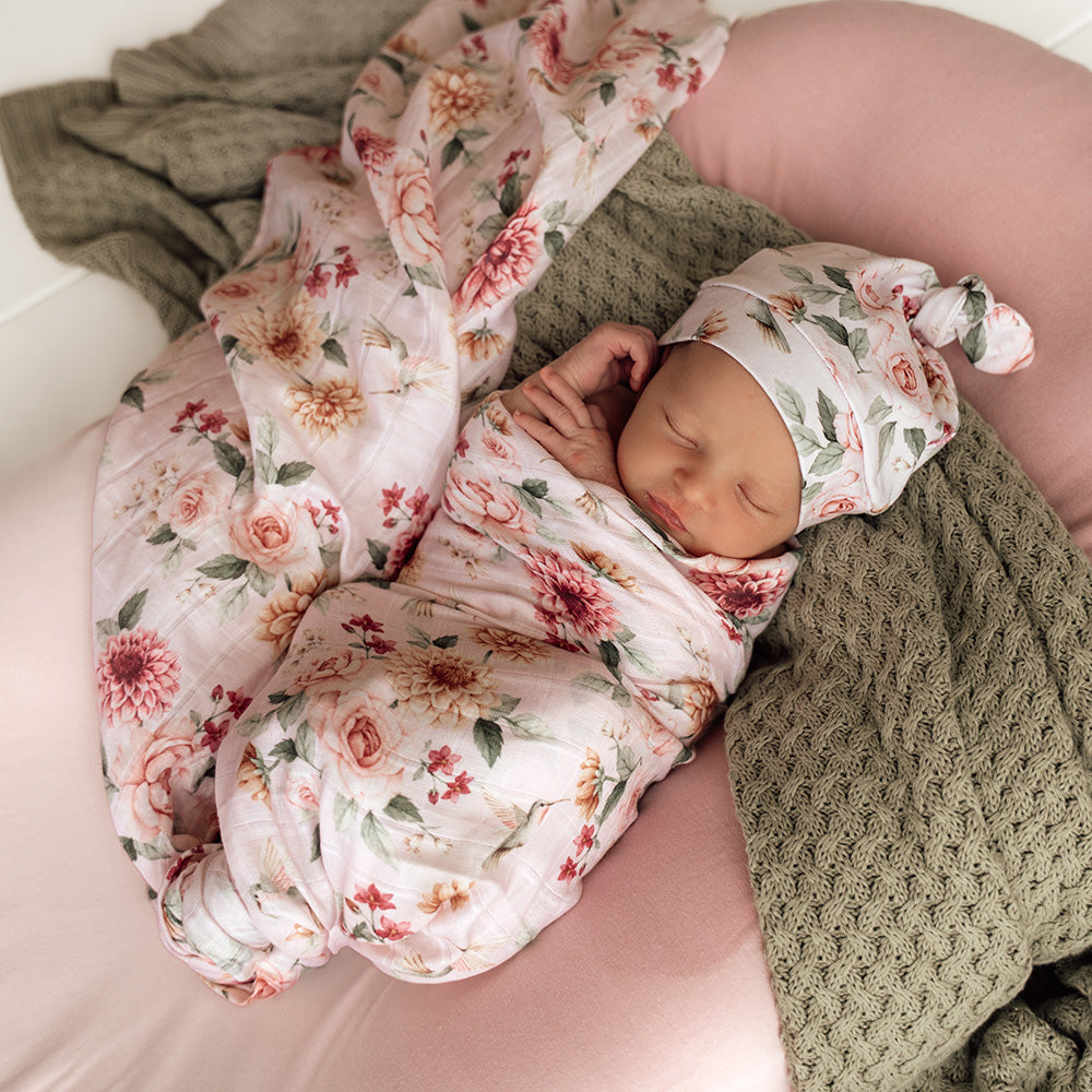 Snuggle Hunny Birds and Blooms muslin wrap lifestyle