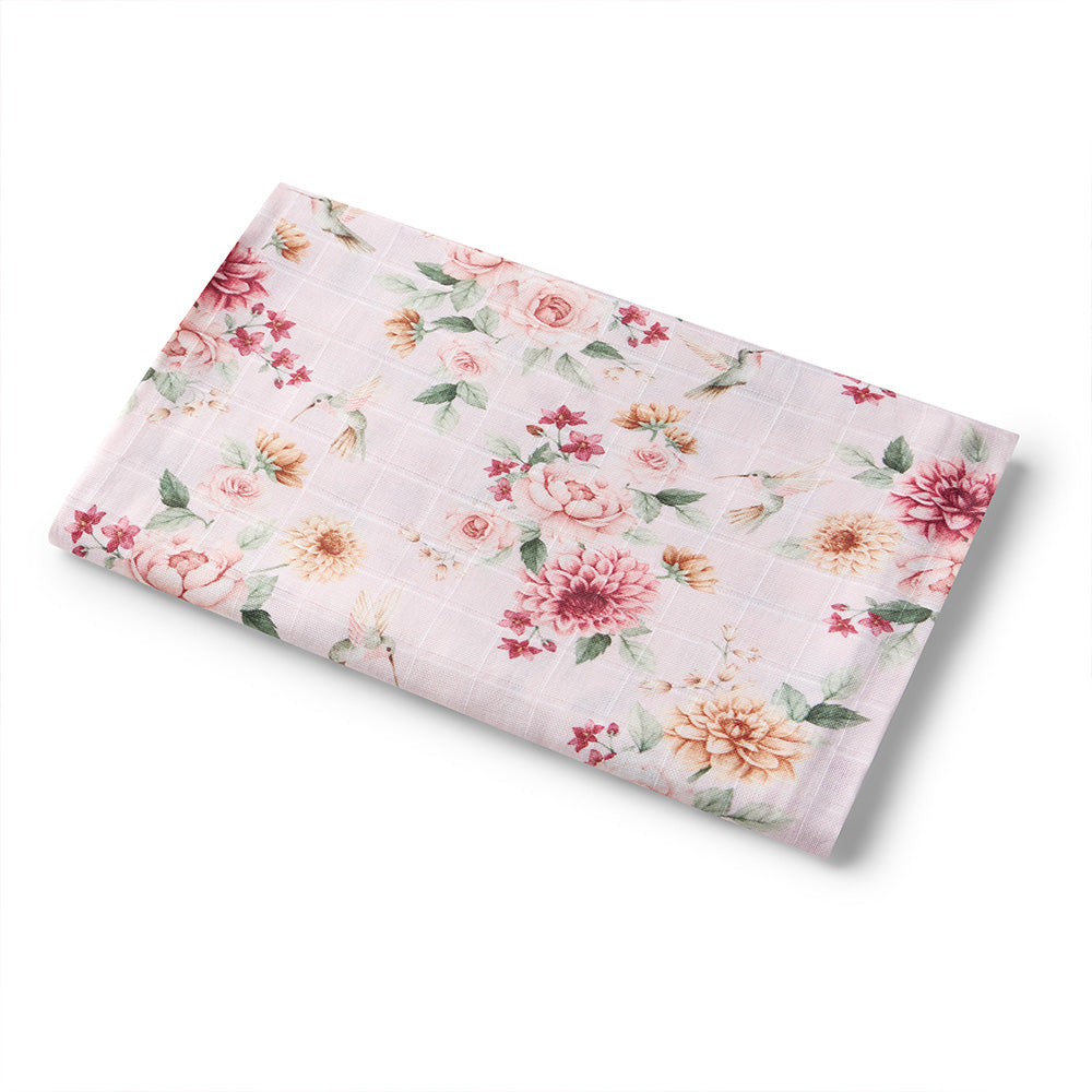 Snuggle Hunny Birds and Blooms organic muslin wrap flatlay