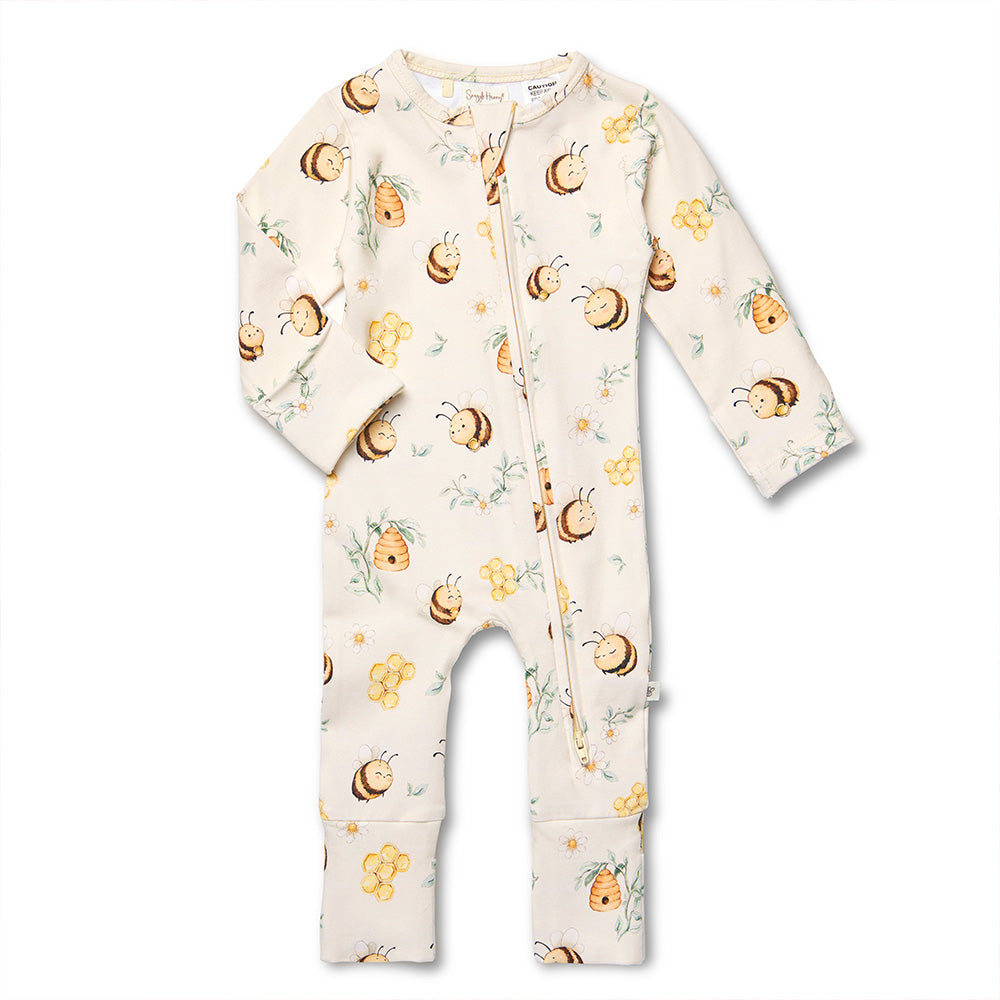Snuggle Hunny Bumblebees convertible romper flatlay
