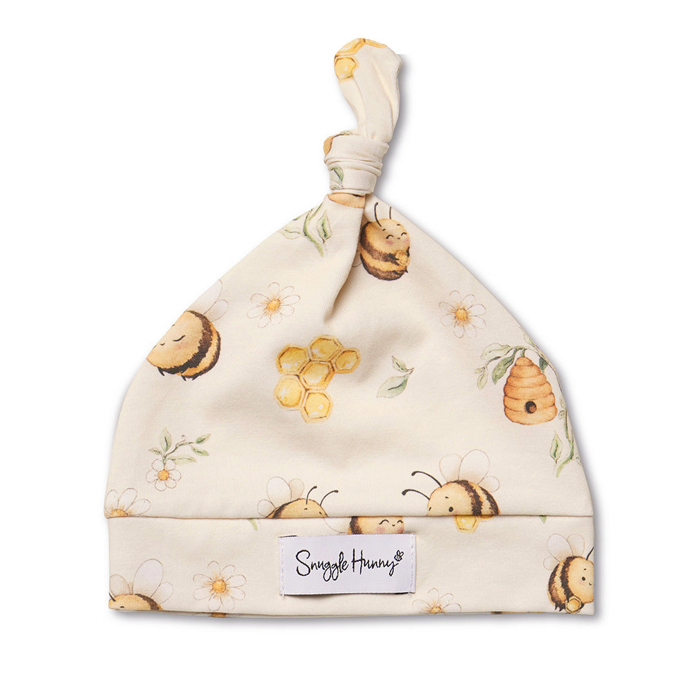 Snuggle Hunny Bumblebees organic knotted beanie flatlay