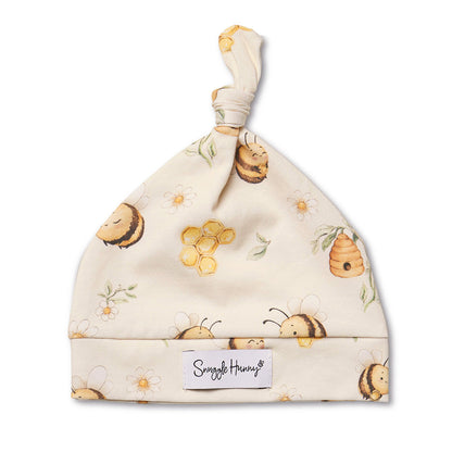 Snuggle Hunny Bumblebees organic knotted beanie flatlay