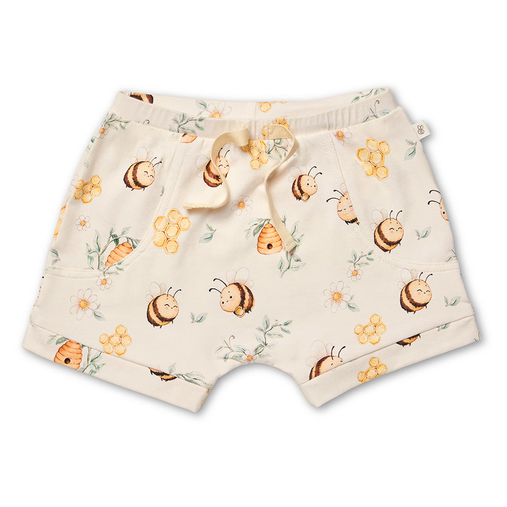 Snuggle Hunny Bumblebees organic shorts flatlay