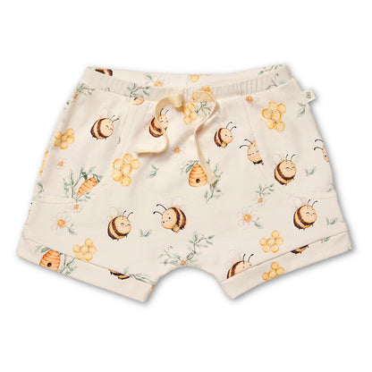 Snuggle Hunny Bumblebees organic shorts flatlay
