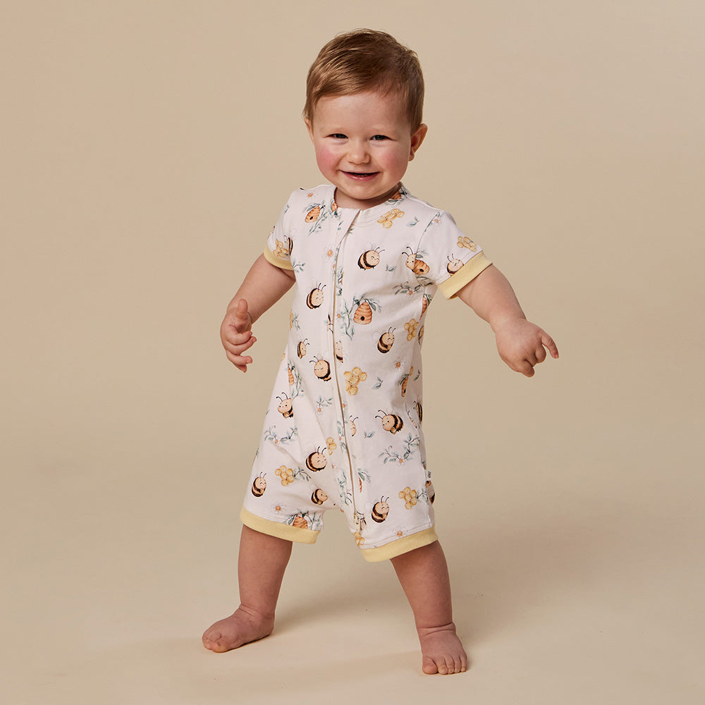 Baby wearing Snuggle Hunny Bumblebees organic snuggle shortie