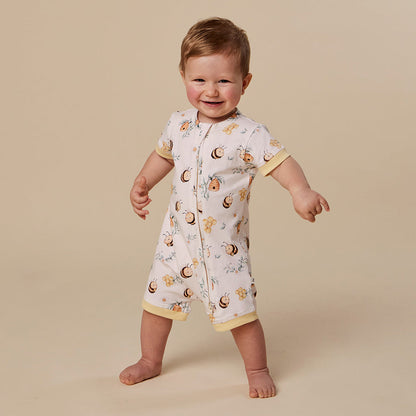 Baby wearing Snuggle Hunny Bumblebees organic snuggle shortie