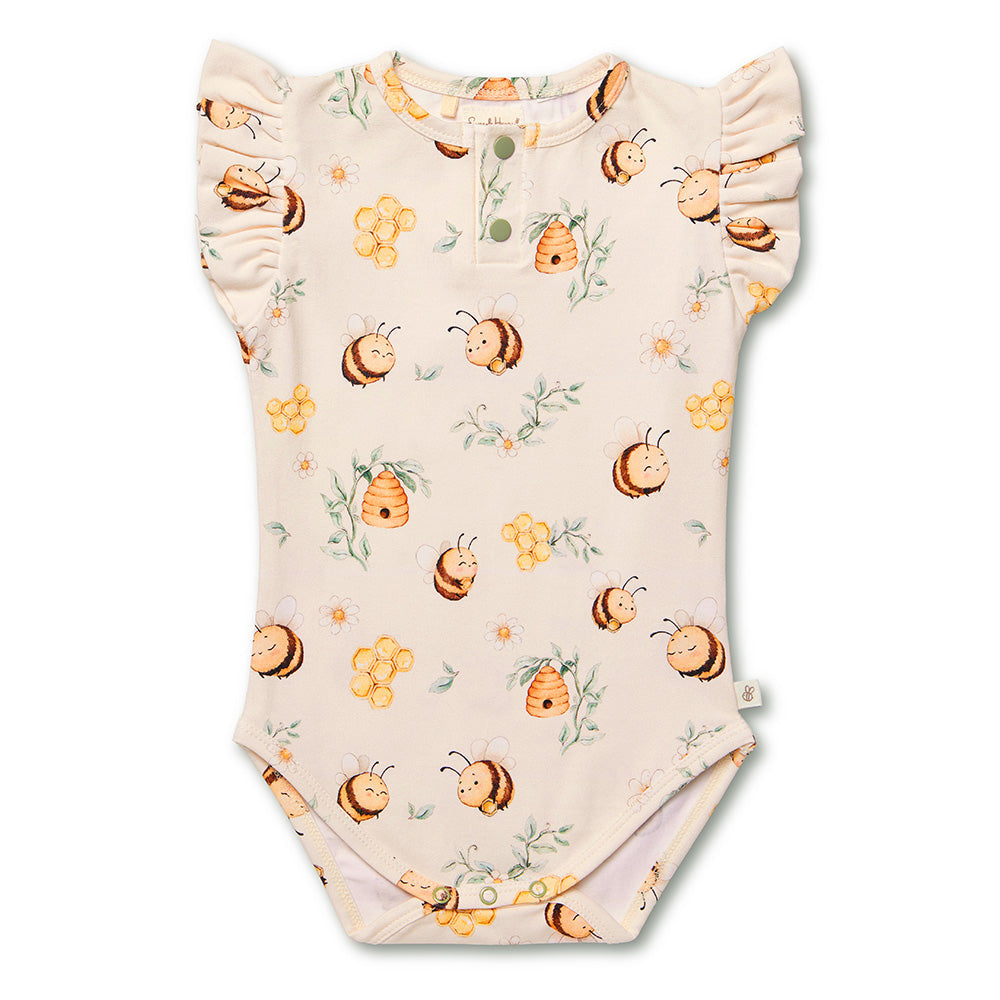 Snuggle Hunny Bumblebees bodysuit with frill flatlay